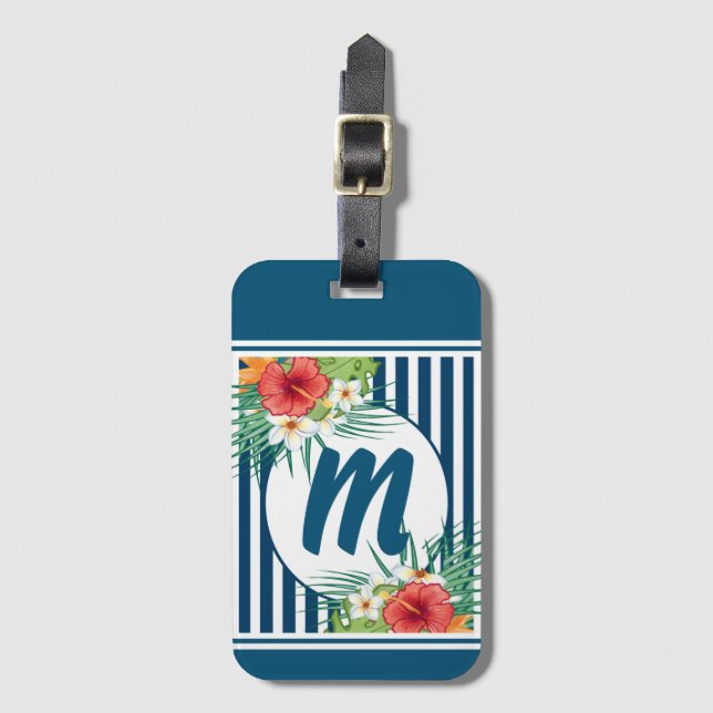 Modern Blue Rand och Flowers Monogram Bagagebricka (Framsida vertikal)