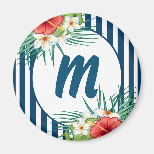 Modern Blue Rand och Flowers Monogram Magnet