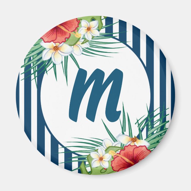 Modern Blue Rand och Flowers Monogram Magnet (Framsidan)