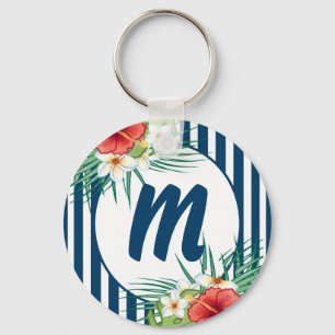 Modern Blue Rand och Flowers Monogram Nyckelring