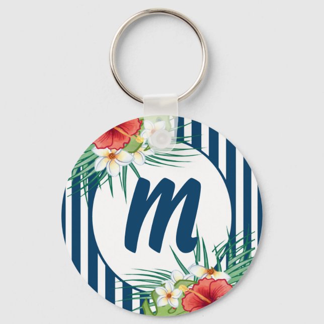 Modern Blue Rand och Flowers Monogram Nyckelring (Framsida)