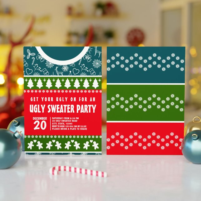 Modern Blue Red och Grönt Ugly Sweater Julafton Pa Inbjudningar (Modern Blue Red and Green Ugly Sweater Xmas Party Invitation)