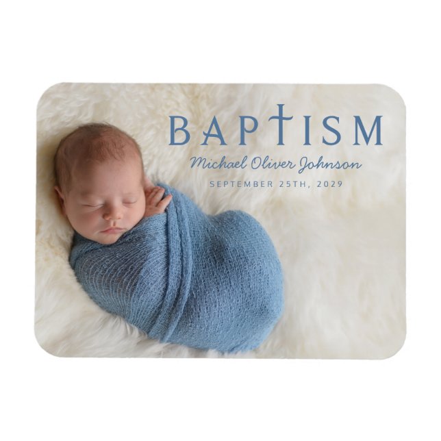 Modern Blue Religiösa Kor Boy Baptism Photo Magnet (Horisontell)