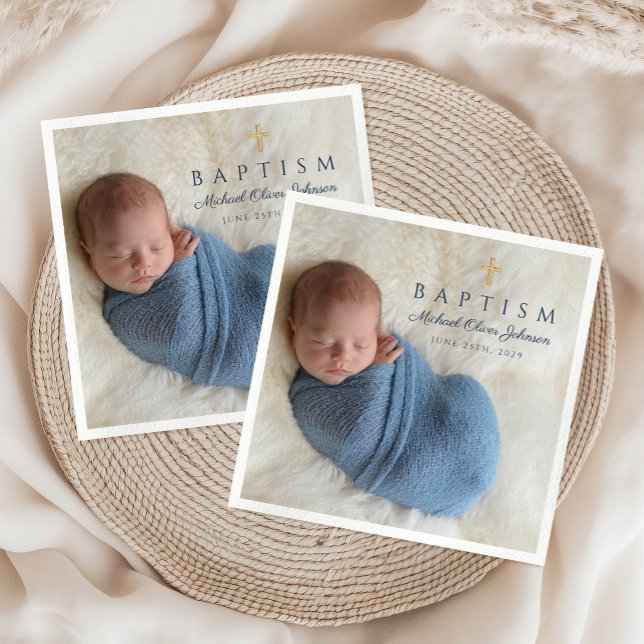 Modern Blue Religiösa Kor Boy Baptism Photo Pappersservett (Modern Blue Religious Cross Boy Baptism Photo Napkins)