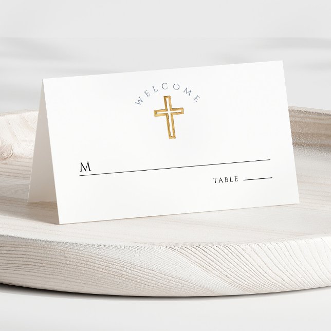 Modern Blue Religiösa Kor Boy First Communion Placeringskort (Front - Religious Cross Blue Boy First Communion Place Card)
