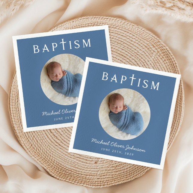 Modern Blue Religiösa Kor Photo Baptism Pappersservett (Modern Blue Religious Cross Photo Baptism Napkins)