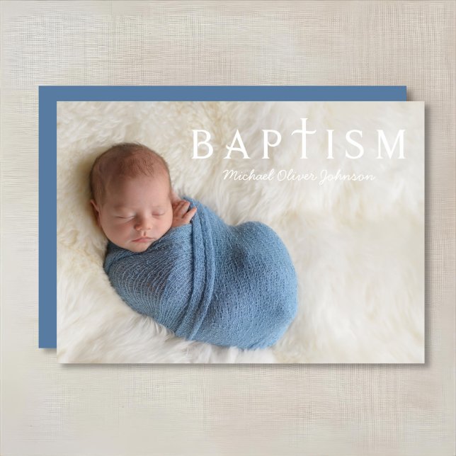 Modern Blue Religiösa Kor Photo Boy Baptism Inbjudningar (Modern Blue Religious Cross Photo Boy Baptism Invitation)