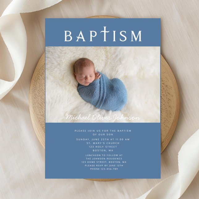 Modern Blue Religiösa Kor Photo Boy Baptism Inbjudningar (Modern Blue Religious Cross Photo Boy Baptism Invitation)