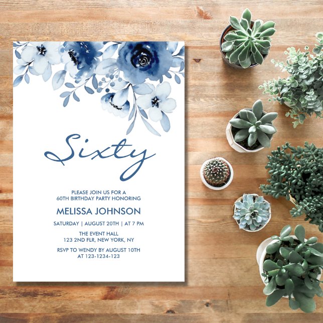 Modern Blue Ro Blommigt Greenery 60:e födelsedagen Inbjudningar (Skapare uppladdad)