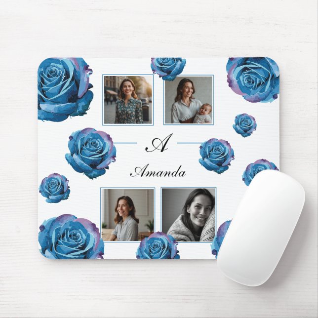 Modern Blue Ro Monogram Photo Collage Anpassningsb Musmatta (Med mus)