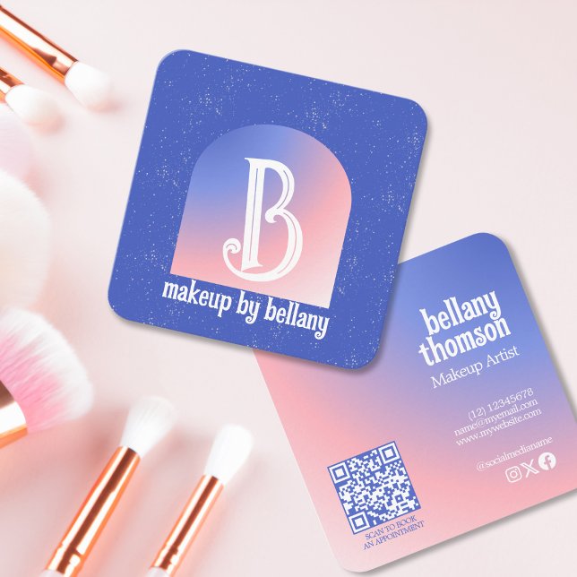 Modern Blue Rosa Gradient Monogram Makeup Artist Fyrkantigt Visitkort (Skapare uppladdad)