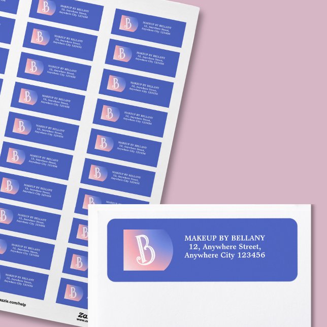 Modern Blue Rosa Gradient Monogram Makeup Artist Returadress Etikett (Skapare uppladdad)