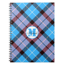 Modern Blue Rosa Play Tartan Monogram Namn Anteckningsbok