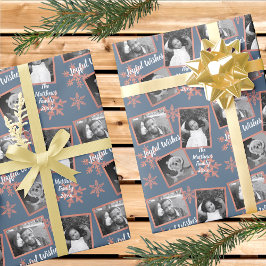 Modern Blue Rustic Snowflake Mönster 3-foto Presentpapper