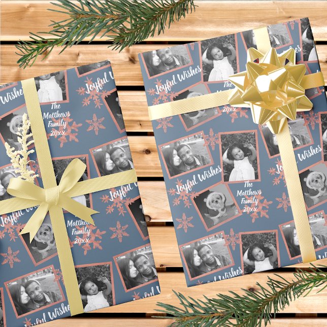 Modern Blue Rustic Snowflake Mönster 3-foto Presentpapper (Skapare uppladdad)