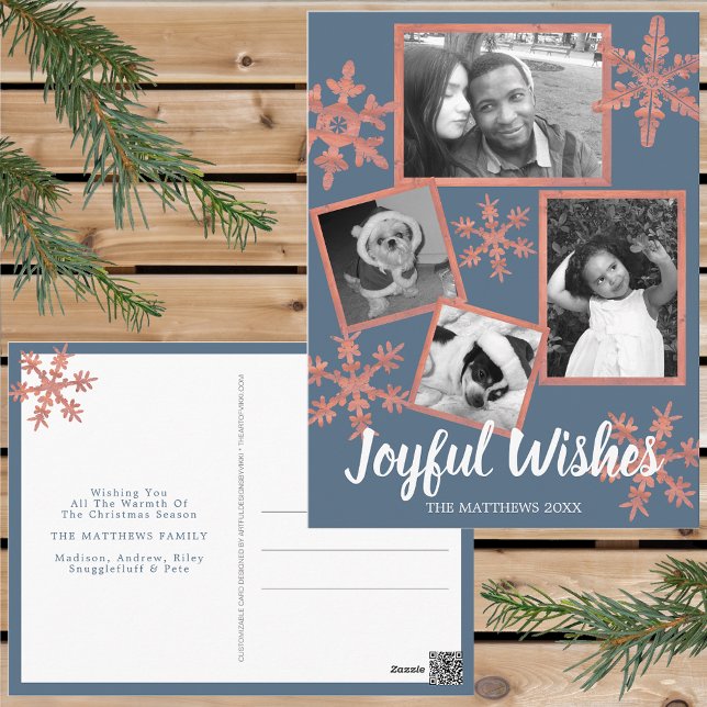 Modern Blue Rustiflake 4 Fotojul Vykort (Personalize these rustic snowflake holiday postcards for one of a kind Christmas cheer this year.)