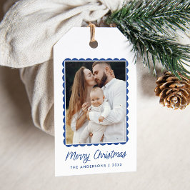 Modern Blue Scalloped Ram Helgdag Photo Presentetikett