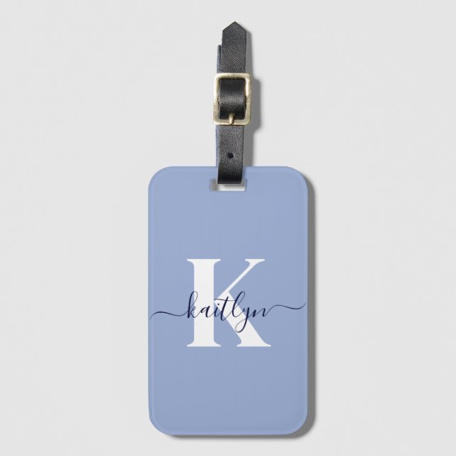 Modern Blue Script Monogram Bagagebricka (Framsida vertikal)