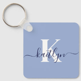 Modern Blue Script Monogram Nyckelring