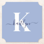Modern Blue Script Monogram Underlägg Papper<br><div class="desc">Dessa enkla, ljusblå biljett-formade pappra underlägg med elegant i det första namnen i ett typsnitt av trendiget i marint blått som skrivs över ditt första ursprungliga typsnitt i ett modernt typsnitt i vitt är perfekt för att hålla bord och räknare fria från vatten ringar. De absorberar droppar så att du...</div>
