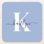 Modern Blue Script Monogram Underlägg Papper Kvadrat<br><div class="desc">Dessa enkla, ljusblå fyrkantiga pappra underlägg i elegant med det första namn i ett trendig-skript i marint blått, som skrivs över det första tecknet i ett modernt teckensnitt i vitt, är perfekt för att hålla bord och räknare fria från vatten ringar. De absorberar droppar så att du inte behöver oroa...</div>