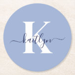 Modern Blue Script Monogram Underlägg Papper Rund<br><div class="desc">Dessa enkla, ljusblå runda pappra underlägg med elegant i det första namn i ett trendig-skript i marint blått, som skrivs över ditt första inledande typsnitt i ett modernt typsnitt i vitt, är perfekt för att hålla bord och räknare fria från vatten ringar. De absorberar droppar så att du inte behöver...</div>