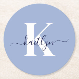 Modern Blue Script Monogram Underlägg Papper Rund