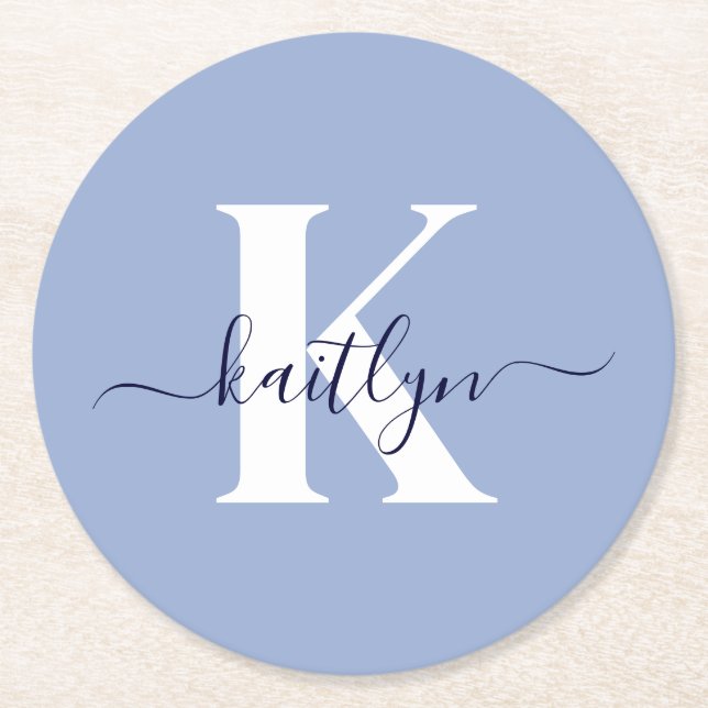 Modern Blue Script Monogram Underlägg Papper Rund (Framsidan)