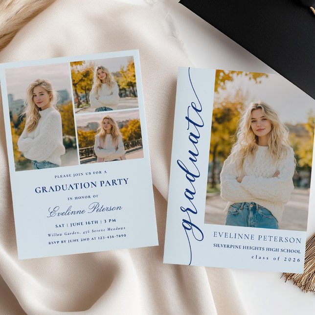 Modern Blue Script Photo Graduation Invitation Inbjudningar (Skapare uppladdad)