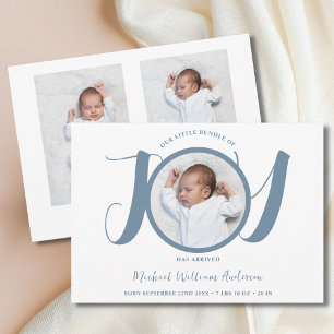 Modern Blue Script Pojke Tre foto Birth Meddelande
