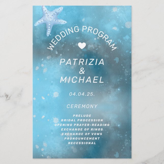 Modern Blue Sea Summer Bröllopsprogram (Framsidan)
