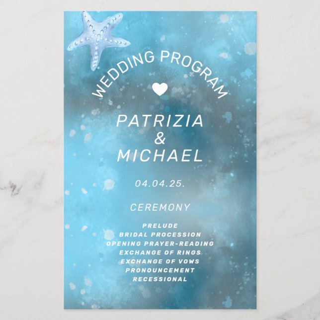 Modern Blue Sea Summer Bröllopsprogram (Framsidan)