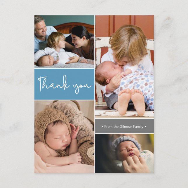 Modern Blue Second Baby Photo Collage Tack Vykort (Framsida)