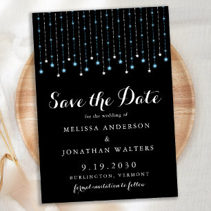Modern Blue Silver Stars String Ljus Bröllop Spara Datumet
