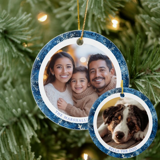 Modern Blue Snöflingor Family jul 2 Foton Julgransprydnad Keramik (Modern Blue Snowflakes Family Christmas 2 Photos Ceramic Ornament)