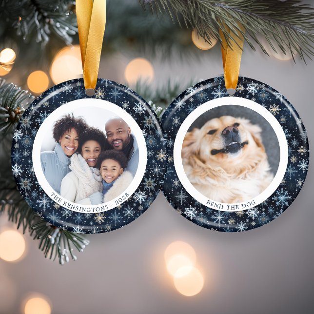 Modern Blue Snöflingor Family jul 2 Foton Julgransprydnad Keramik (Modern Blue Snowflakes Family Christmas 2 Photos Ceramic Ornament)