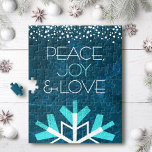 Modern Blue Snowflake Peace Joy Kärlek Typography Pussel<br><div class="desc">"Fred, glädje och kärlek." En stor, roligt, lekfull, vit och turkotisk snöflingillustration och modern typografi på en rik, djupa, blå marmorblå vattenfärgsbakgrund hjälper dig att hoppa in i julhelgen. En vit och turkos konfetti prick gräns ramar överst. Känn julhelgens värme och glädje när du användor det här fantastiska, färgstarka pusslet...</div>