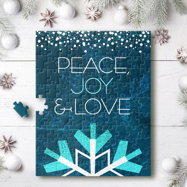 Modern Blue Snowflake Peace Joy Kärlek Typography Pussel (Skapare uppladdad)
