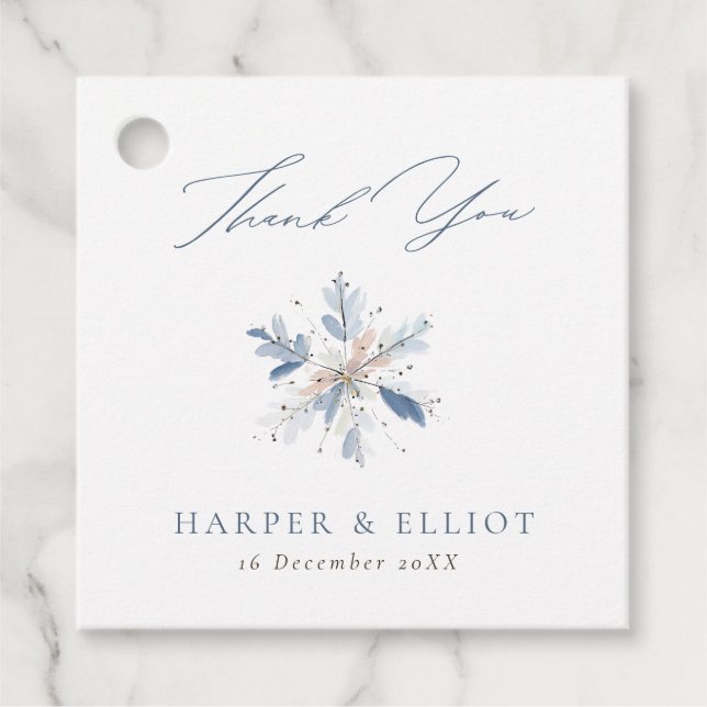 Modern Blue Snowflake Winter Wedand Tack Gåvor Etiketter (Framsida)