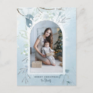 Modern Blue Sparkly Winter Botanical Arch Photo Helg Vykort