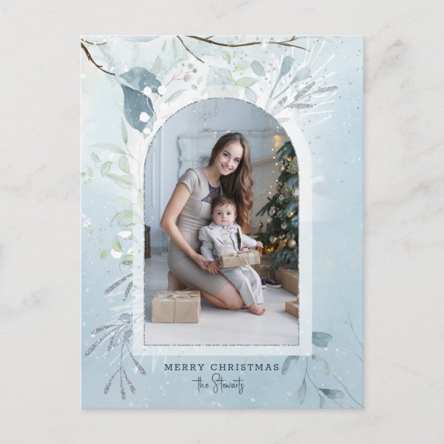 Modern Blue Sparkly Winter Botanical Arch Photo Helg Vykort (Framsida)