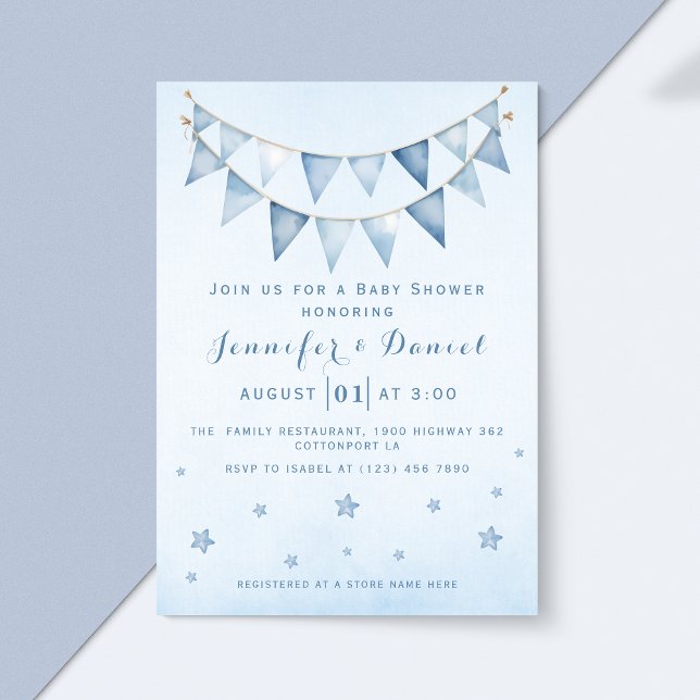Modern Blue Starry Himmel Baby Shower Pennant Bunt Inbjudningar (Skapare uppladdad)