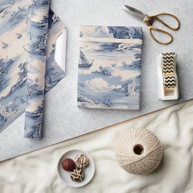 Modern Blue Stom Ocean Sea Toile de Jouy Mönster Presentpapper (Hantverk)