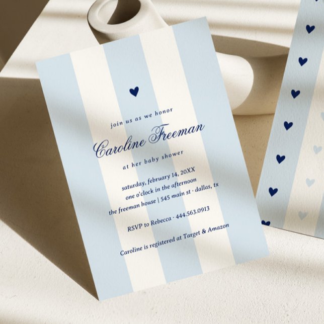 Modern Blue Stripe Heart Valentine Baby Shower Inbjudningar (Skapare uppladdad)