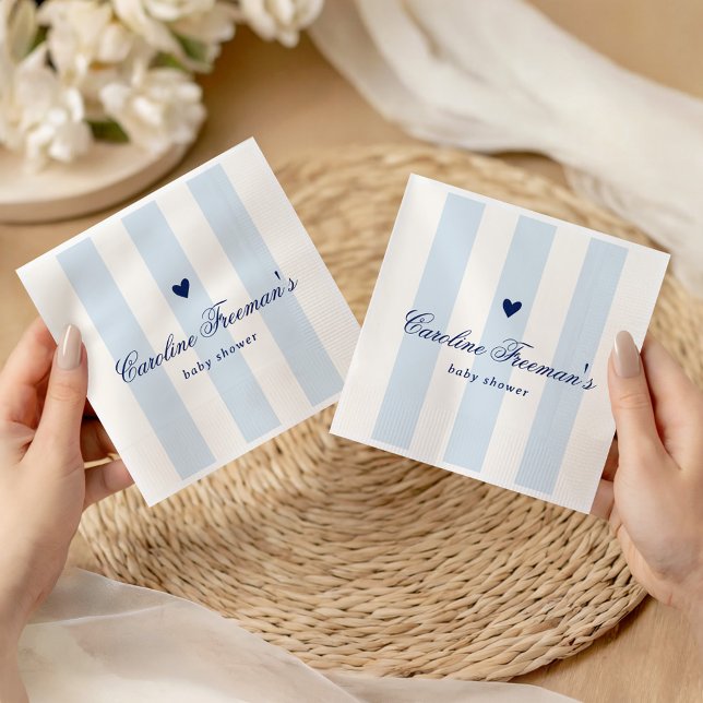 Modern Blue Stripe Heart Valentine Baby Shower Pappersservett (Skapare uppladdad)