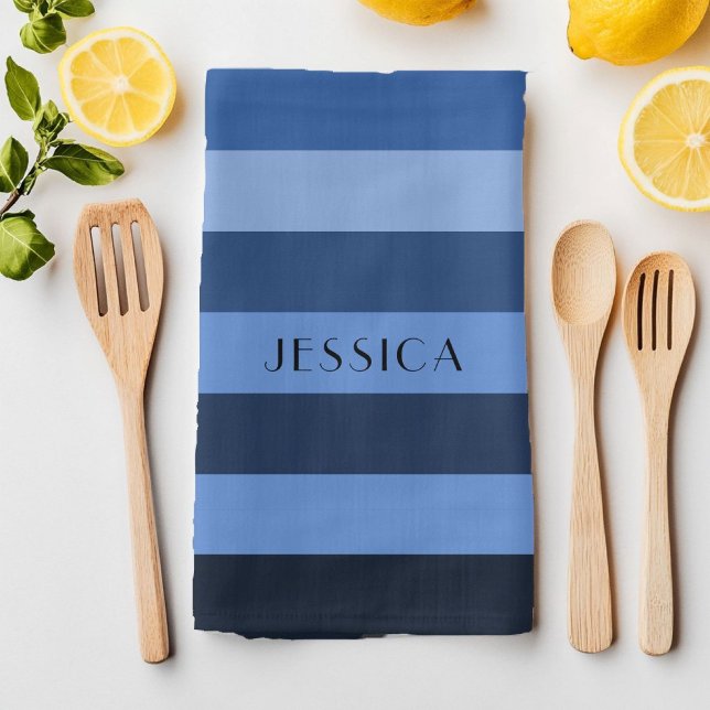 Modern Blue Stripe Mönster Namn Kökshandduk (Modern Blue Striped Pattern Name Kitchen Towel)