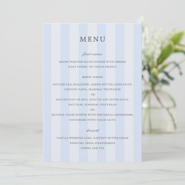 Modern Blue Stripes Elegant Wedding Meny (Stående Fram)