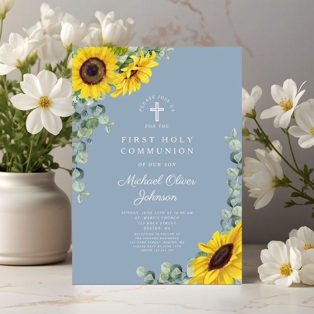 Modern Blue Sunwers First Heliga Communion Inbjudningar (Modern Blue Sunflowers First Holy Communion Invitation)