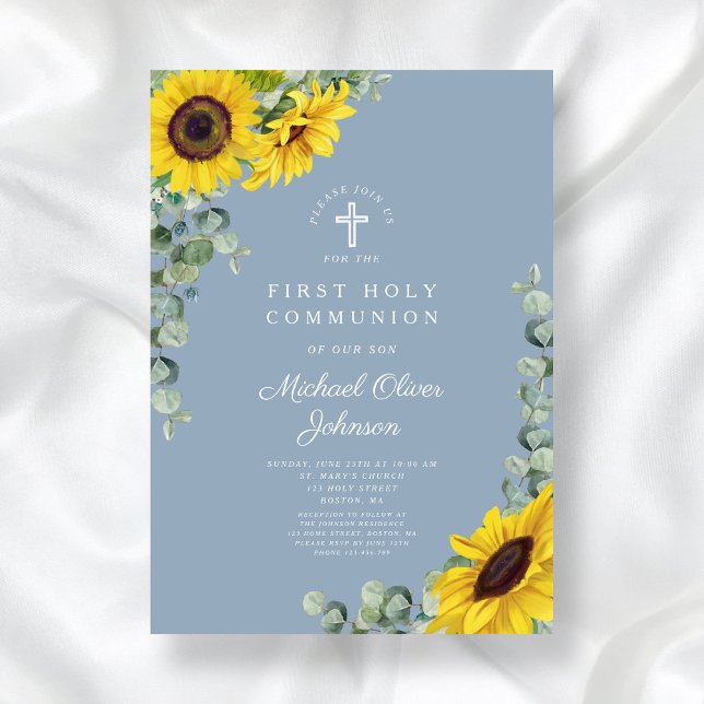 Modern Blue Sunwers First Heliga Communion Inbjudningar (Modern Blue Sunflowers First Holy Communion Invitation)