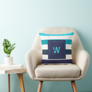 Modern Blue Teal Rand Monogram Kudde